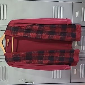NorthCrest Red and Black Front Gingham Cartigan Sweater Size Large